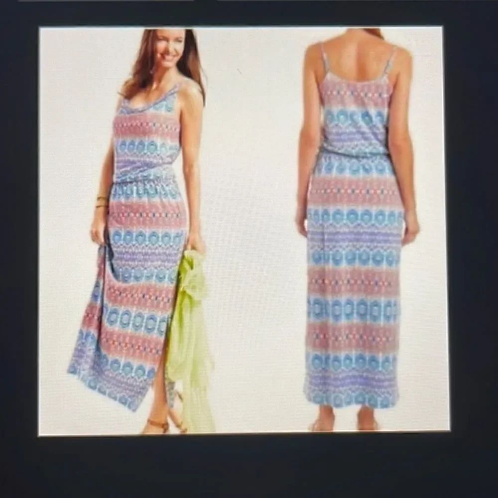 CAbi Aztec Fun in the Sun Blue & Orange Maxi Dress